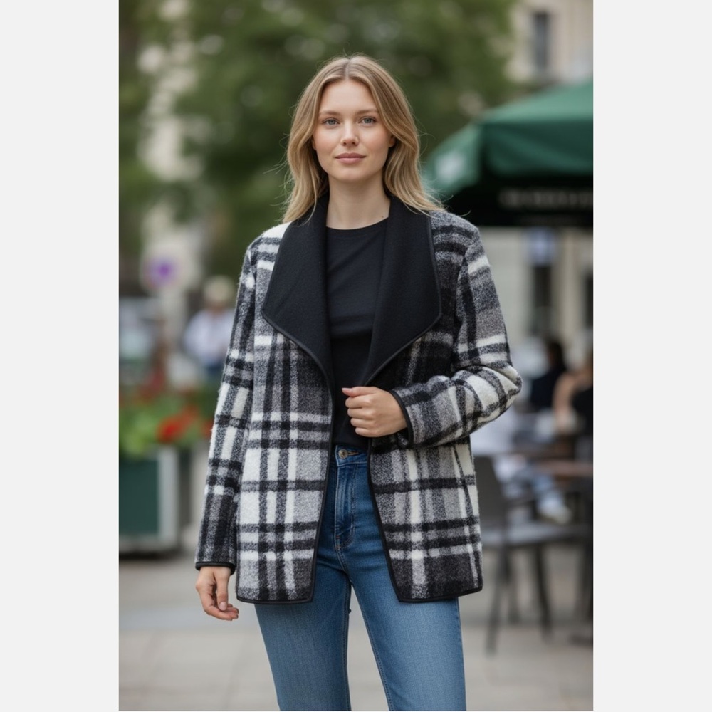 NWT Parasuco Boucle Plaid Cardigan Jacket, Open Front, Back & Gray